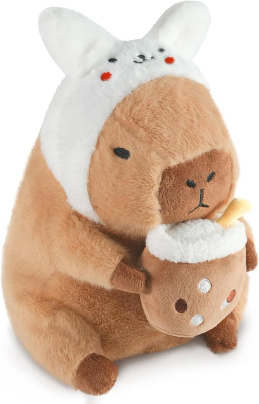 Rabbit Milk Tea Capybara, Cute Capybara Plush Pillow Kawaii Flower Stuffed Aniamls Capybara Plushies Toys Gifts for Kids 11 inch