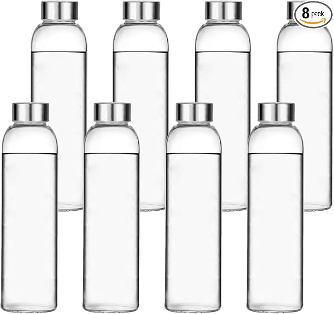 Encheng Glass Water Bottles, Glass Beverage Bottles 16oz,Drinking Bottles With Leakproof Stainless Steel Cap 500ml,Reusable Juice Bottles Beverage Drinkware,To Go Travel Bottles For Drink,Sauce 8Pack