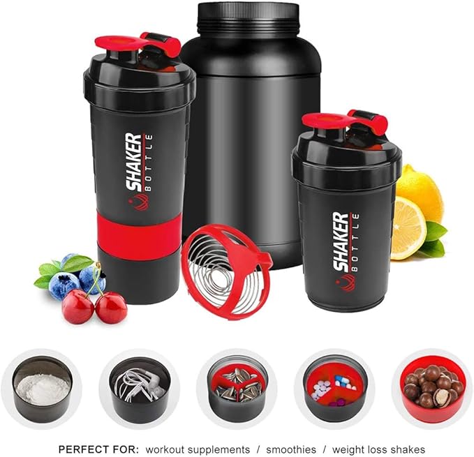Protein Shaker Bottle,16 oz Shake Cup for protein powder with Storage,Sports Water Bottle,Non Slip 3 Layer Twist Off 3oz Cups with Pill Tray Leak Proof Shake Bottles for Protein Mixes
