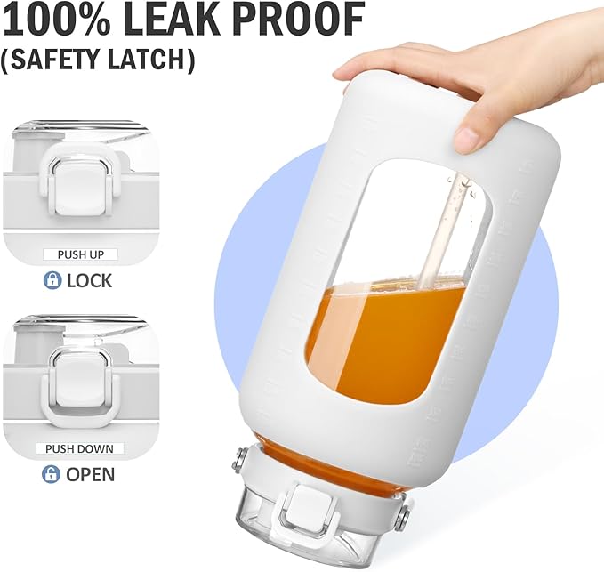 84oz Glass Water Bottle with Stainless Steel Handle,2.5L Gallon Water Bottle With 2-IN-1 Straw Lid, Silicone Sleeve and Motivational Capacity Marker, Wide Mouth Water Jug For Gym, Workout, White