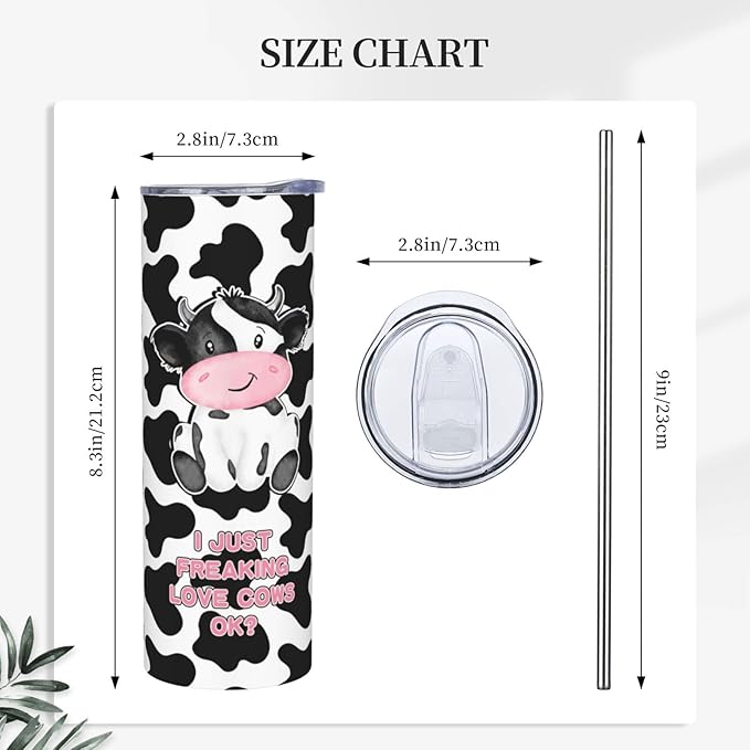 Skinny Tumbler Gift For Men Women, Cow Print Gifts For Women Funny Cow Print Tumbler Cup With Straw Lid 20 Oz,Cute Cow Reusable Stainless Steel Insulated Vacuum Slim Travel Coffee Mug
