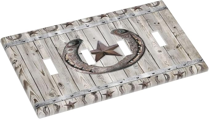 Rustic Western Wood Barn Door Horseshoe Iron Star Quad Toggle Light Switch Covers 4 Gang Wall Plate Decorative Switchplate Electrical Faceplate for Farmhouse Country Bedroom Decor
