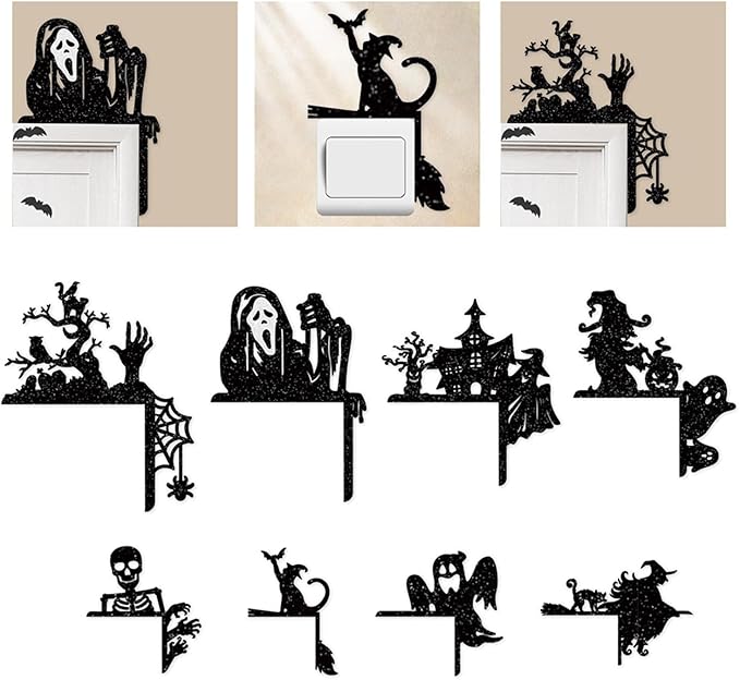 Removable 8 Pack Creative Halloween Switch Decals Black Ghost Skeleton Witch Door Frame Wall Decals Decorative Art Murals for Halloween Living Room Bedroom Bathroom Kitchen Light Switch Decor Decals