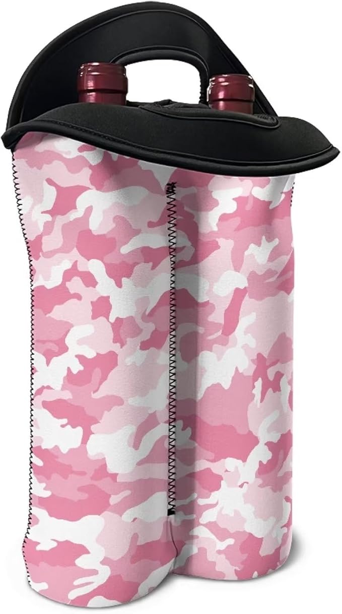 doginthehole 2 Bottle Insulated Wine Cooler Bag Camo Design Wine Carrier Tote Bag Pink Wine Bag Neoprene Champagne Bottle Protector Sleeve for Travel, Picnic, Party for Women Men Wine Lovers
