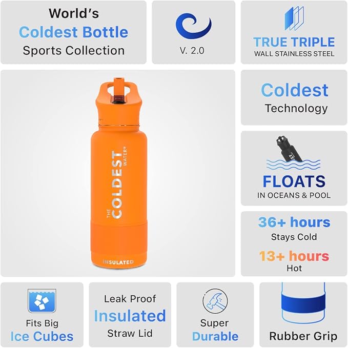 Coldest Sports Water Bottle with Straw Lid Vacuum Insulated Stainless Steel Metal Thermos Bottles Reusable Leak Proof Flask for Sports Gym (32 oz, Orange)