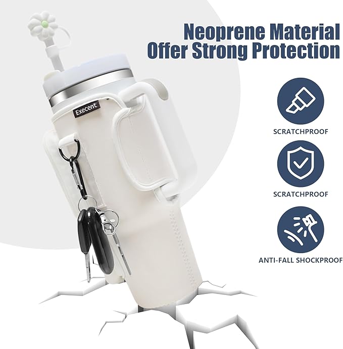 Water Bottle Carrier Bag for Stanley Cup Accessories, for Stanley Tumbler 40 Oz with Handle Holder Bag with Strap Neoprene Bollus with Straw, Straw Cover, Carabiner (Off White)