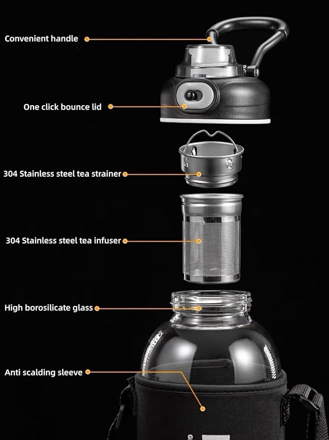 Glass Tea Bottle with Infuser 33oz - Large Glass Tea Tumbler with Lock Lid and Sleeve,Leakproof Glass Sports Water Bottle with Direct Drink Spout for Gym Home Workout