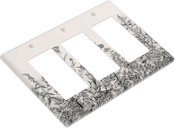 Vintage Grey Floral Herbs Wild Flowers Botanical 3 Gang Rocker Boho Light Switch Covers Decorative Country Unique Triple Outlet Wall Plate Cover Faceplate Decorative Switchplate GFCI