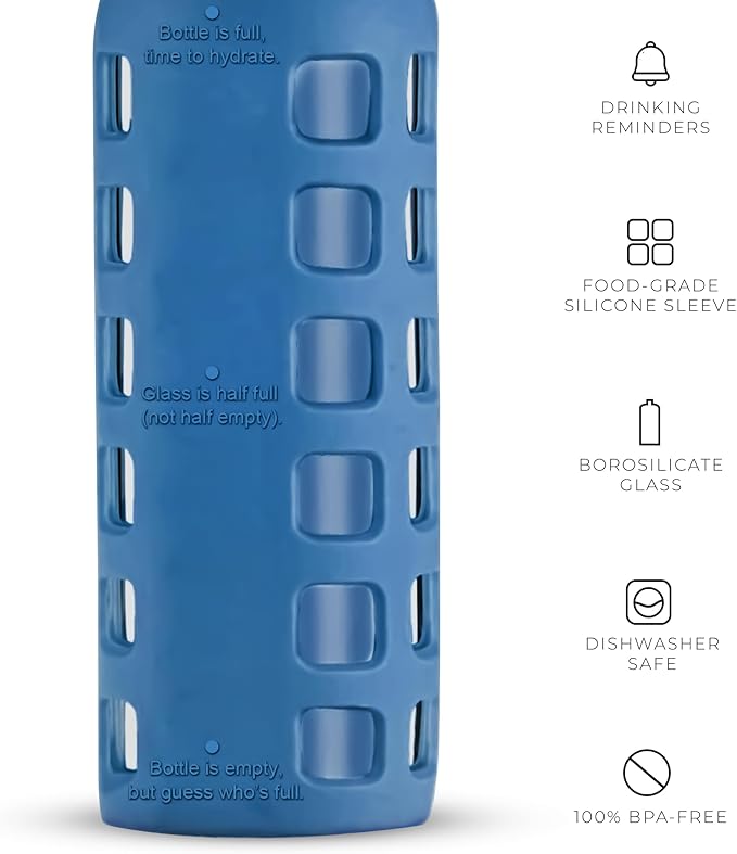 purifyou Premium 40/32 / 22/12 oz Glass Water Bottles with Volume & Times to Drink, Silicone Sleeve & Stainless Steel Lid Insert, Reusable Bottle for Fridge Water, Juice (12oz Chinese Porcelain)