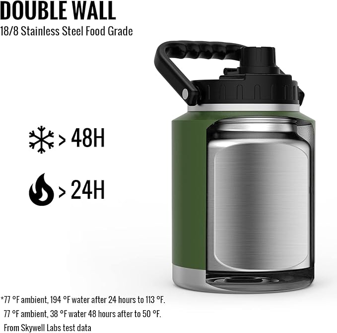 SkyWell Half Gallon Insulated Water Bottle with Handle and Wide Mouth Water Flask Sweat-Proof and Leak-Proof 64 Oz Water Jug for Outdoors, Olive