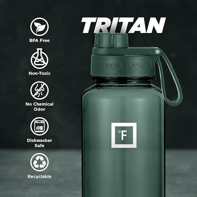 IRON °FLASK Clear Tritan Trekker Water Bottle with Chug Lid - Leak Proof & Lightweight for Gym, Hiking, Sports - Dishwasher Safe, BPA Free Plastic - Dark Pine, 32 Oz