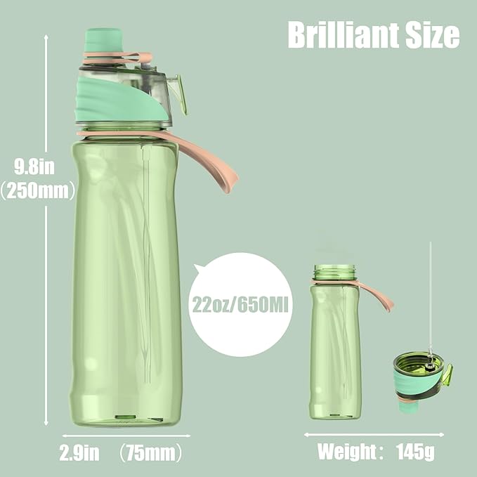 FEIJIAN Mist Water Bottle,22oz Sports Water Bottle with 2-IN-1 Mist & Sip Function, BPA-Free Plastic Water Bottles, Misting Water Bottle, Leakproof & Lightweight, Ideal for Fitness and Outdoor, Green