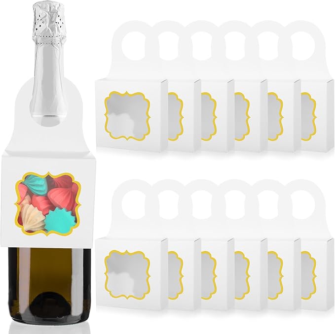 40PCS Wine Bottle Box with Window, Megitzuu Kraft Paper Wine Boxes for Gifts Hanging Wine Treat Box Mini Charcuterie Boxes Empty Champagne Bottles Gold Foil Gift Box Hanger Candy Box for Party (White)