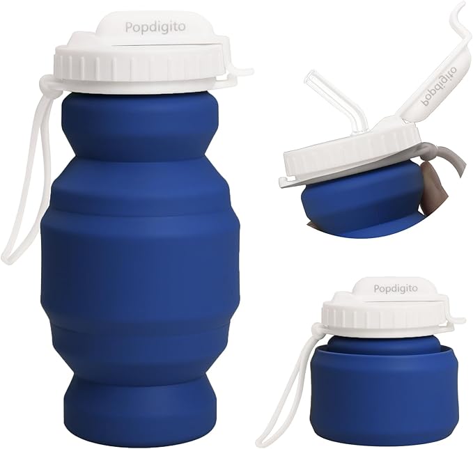 Collapsible Water Bottles 20.7oz Leakproof with Straw Lid Food-Grade BPA-Free Silicone Travel Foldable Water Bottles for Sports Office Gym Hiking Driving 610ML (navy blue little 320ml)