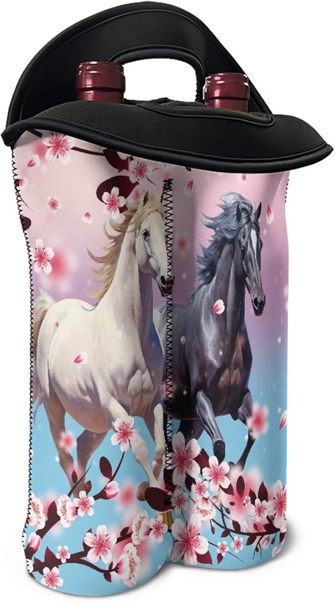 doginthehole Horse Print Wine Tote Neoprene Wine Carrier Bag with Handle Cherry Blossom Wine Bottle Holder Champagne Beer Bottle Sleeve Protective Travel Bag for Birthday, Wedding, Picnic Party