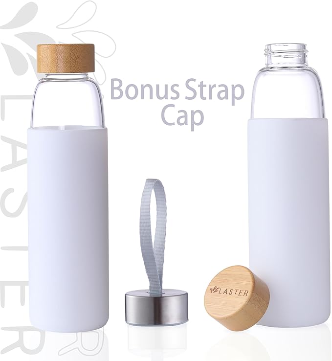 Laster Glass Water Bottle 20 Oz, 600 ml, made of Borosilicate Glass, 1 Bamboo & 1 Stainless Steel Lid, BPA Free, Non-Slip Silicone Sleeve (White)