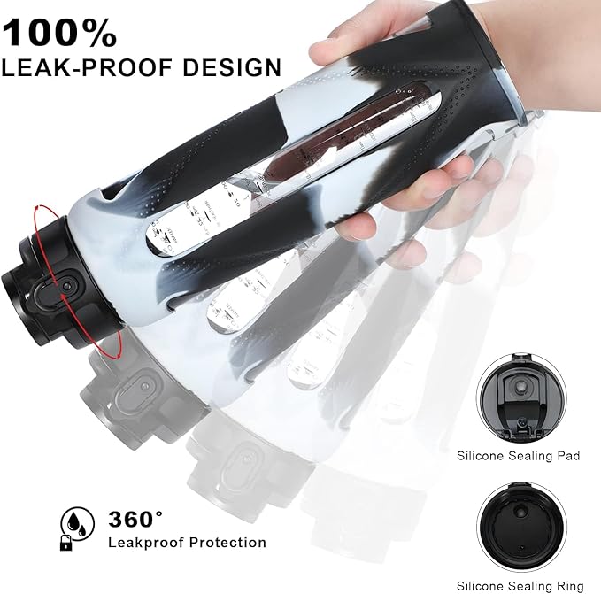 GOPPUS Glass Water Bottles with Straw and Flip Lid, Motivational Water Bottles with Time Marker Reminder and Silicone Sleeve, Leakproof, BPA Free (32 oz, Black and White)