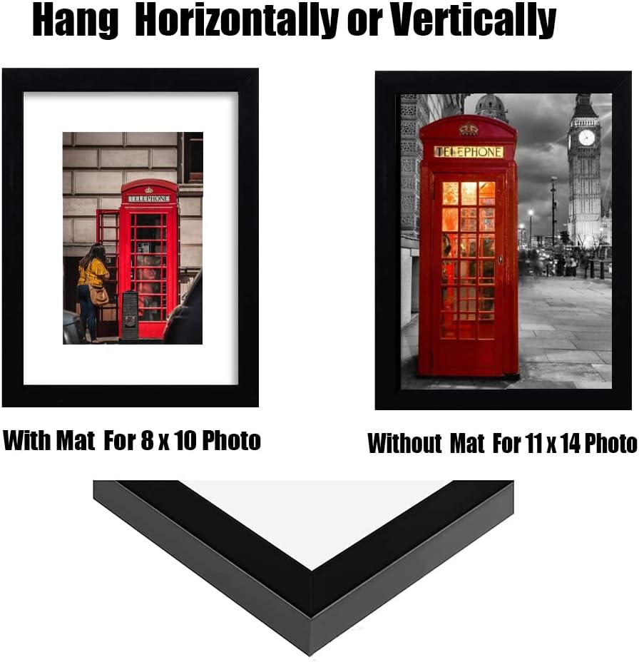 11x14 Picture Frame Set of 6, Display Pictures 8x10 with Mat or 11x14 Without Mat for Wall Mounting,Black