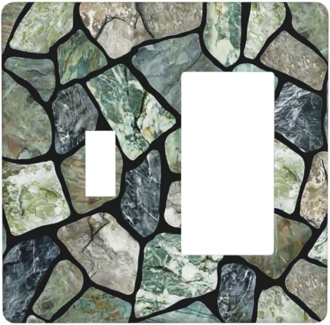 Green Stone Texture Combo Single Toggle 1 Rocker Light Switch Wall Plate Cover Decorative 2-Gang for Electrical Outlets Room Bathroom Bedroom Home Kitchen One Decora Receptacle 4.5" x 4.6"