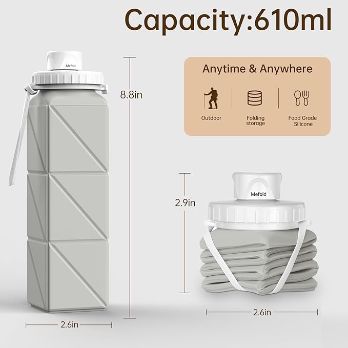 Travel Water Bottle Collapsible,Leakproof BPA-Free Silicone Foldable Water Bottle for Travel Gym,Hiking, Sports, Camping,Biking,Lightweight 21oz Portable,Reusable Collapsible Water Bottle 610ml
