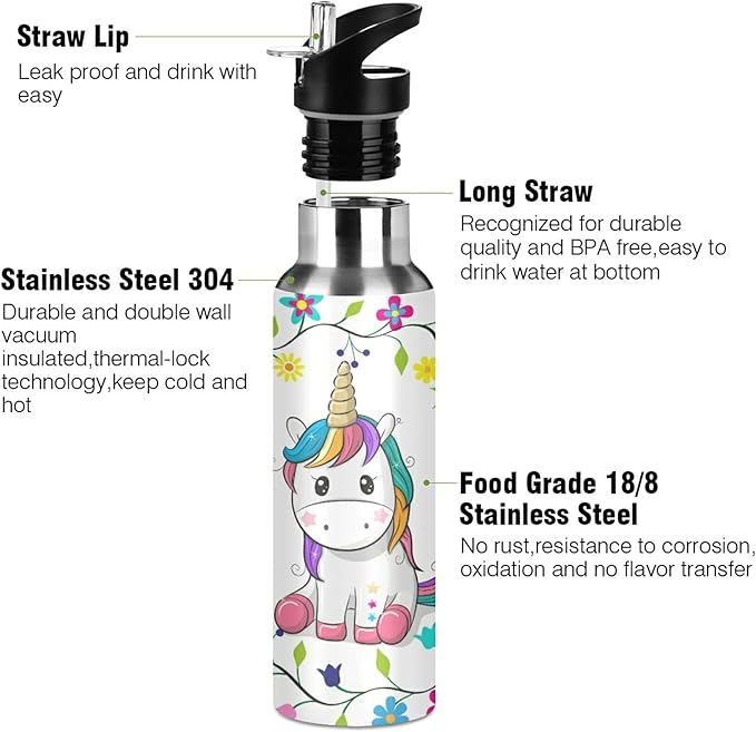 xigua Cute Cartoon Unicorn Water Bottle, BPA Free Stainless Steel Water Bottle Leak-Proof Sports Bottle for Camping Workouts Gym and Outdoor Activity, 22oz