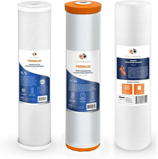 Aquaboon Whole House Water Filter Cartridge Replacement Set | 5 Micron Water Filter 20"x4.5" | Sediment, Premium Iron & Manganese, CTO Filter for Water Filtration System