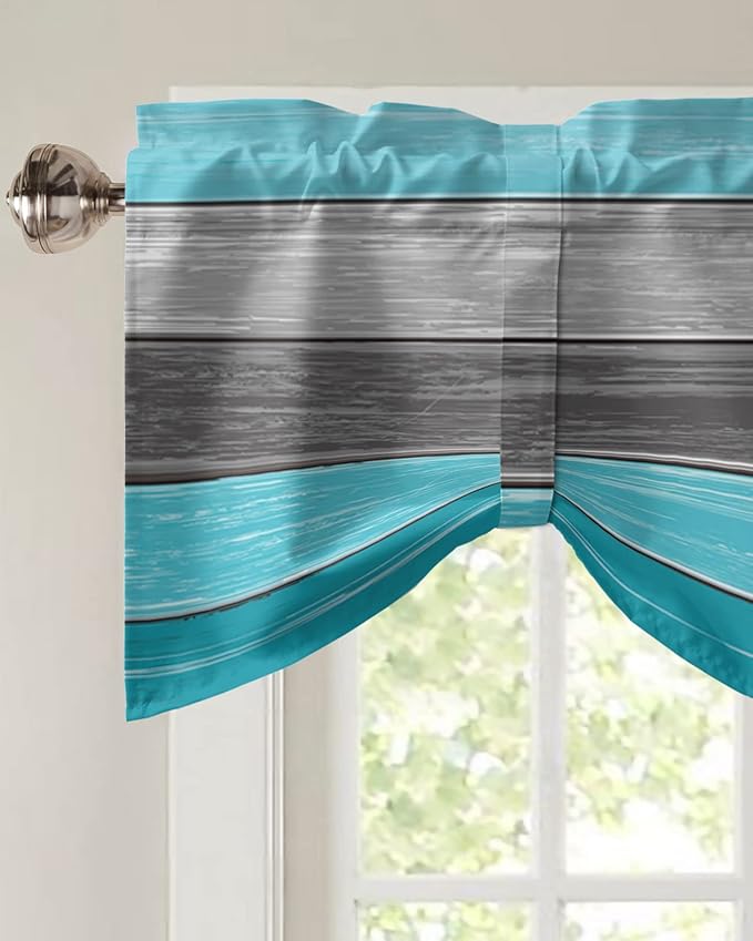 Farmhouse Blackout Tie Up Valance Curtains for Kitchen Windows, Aqua Blue Gray Window Toppers Balloon Shades for Living Room/Bathroom/Bedroom,1 Panel,42" X 12" Retro Rustic Barn Wood Texture