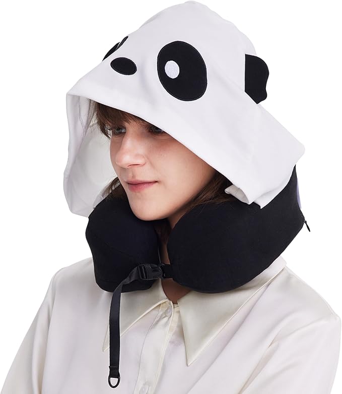 Hooded Neck Pillow for Kids and Adults, 100% Pure Memory Foam Upgraded Travel Pillow with Hood, Kids Neck Pillow for Airplane, Outdoor, Office, Soft, Washable, Easy Storage, Panda