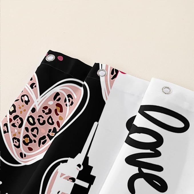 AILONEN Heart Love Shower Curtain for Bathroom, Black and White Eiffel Tower Print Bath Curtain,Pink Hearts Girls Women Shower Curtain Decoration Waterproof with 12 Plastic Hooks, 60" W*72" H