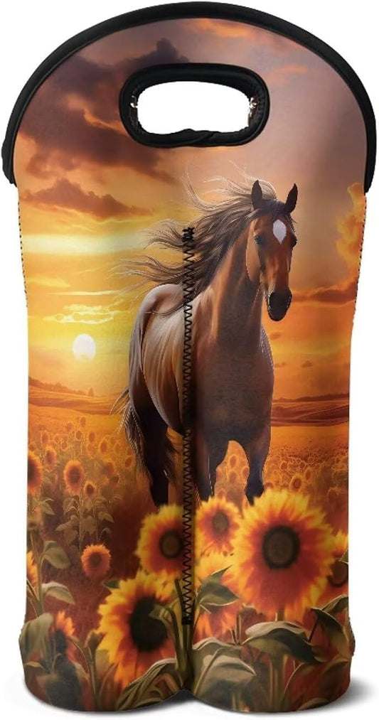 doginthehole Horse Sunset Insulated Wine Tote Neoprene Wine Carrier Bag Sunflower Print Champagne Carrying Bag 2 Bottle Wine Gift Bag for Women Men Portable Wine Travel Bag