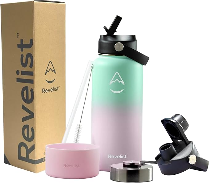 Revelist 32oz Water Bottle - 32 Oz, 3 Lids (Straw Lid, Spout & Screw Top) with Non-Slip Boot, Vacuum Insulated Stainless Steel, Double Walled, Coral Reef (Light Green/Light Pink)
