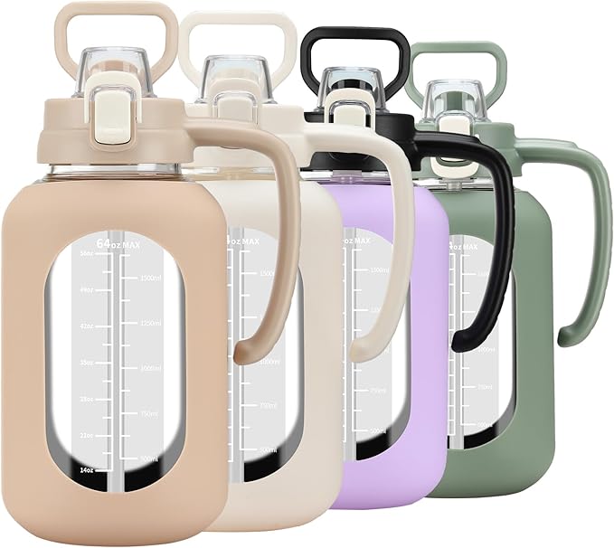 64 oz Glass Water Bolttles Half Gallon Large Motivational Water Bottle with Time Marker Sports Water Bottles with Silicone Sleeve and Handle Lid Water Jug for Gym Workout