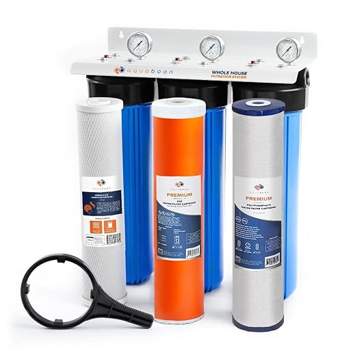 Aquaboon 3-Stage Whole House Water Filter System - w/CTO 5 Micron Water Filter 20" x 4.5" & Premium Polyphosphate & KDF Filters - w/Wrench, White Bracket & Pressure Gauges & Release Buttons (1" Port)