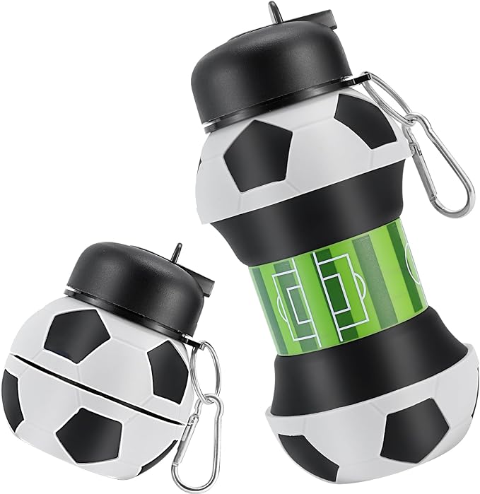 Kids Sports Collapsible Water Bottle | Ball Shaped Drinking Cup | Foldable BPA Free Leakproof Lightweight Silicon Jug | School Lunch Mug Team Gift Travel (Soccer 550ml/18.6oz)