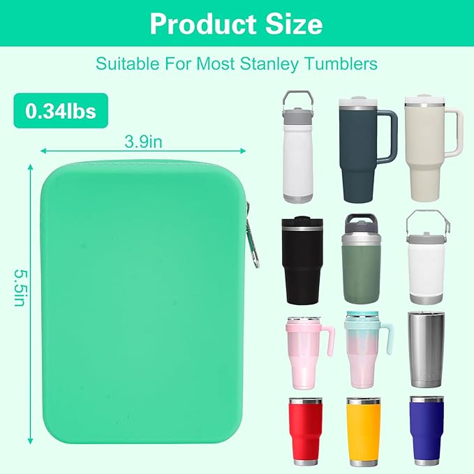 Water Bottle Pouch for Stanley Tumbler,Silicone Waterproof Fanny Pack for Stanley Cup 30/40oz Universal,Large Capacity Durable Tumbler Pouch-Mint Green