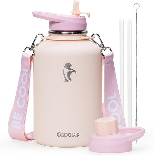 Coolflask Half Gallon Water Bottle Insulated with Straw, 64 oz Large Water Jug with Straw & Spout Lids, Double Wall Stainless Steel Metal Flask, Keep Cold 48h Hot 24h, Apricot Pink