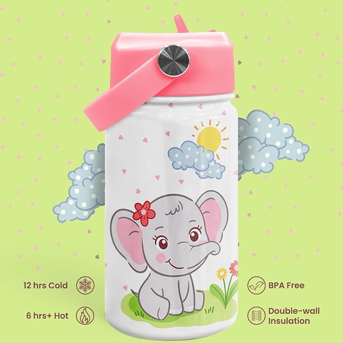 Elephant Water Bottle - Kids Water Bottle with Straw Lid - 12 Oz Insulated Stainless Steel Water Bottles for Toddlers Kid Girl - Travel Cup for School Sports
