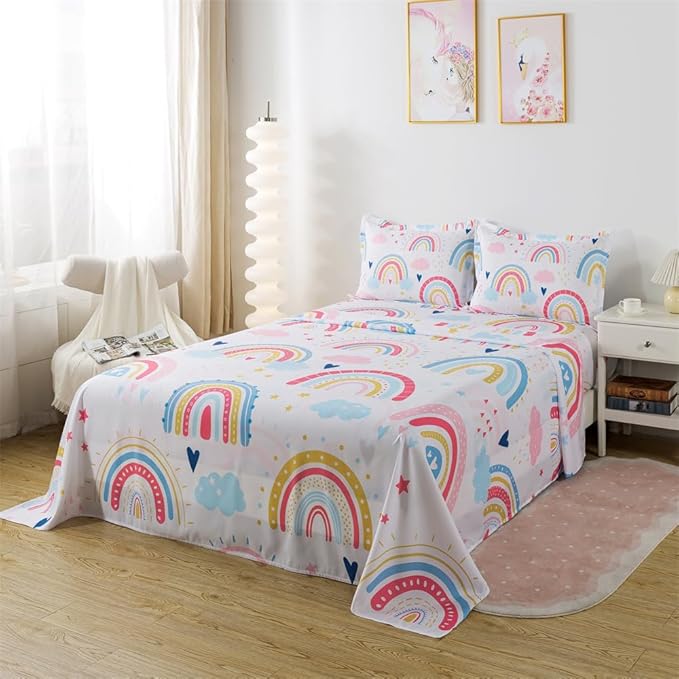qjmiaofang Girls Rainbow Fitted Sheet Full Size Rainbow Sheets 4pieces Cartoon Cloud Bedding Set Girly Rainbow Bed Sheet Set Stars Sheet Set 1 Fitted Sheet 1 Flat Sheet 2 Pillowcase for Home