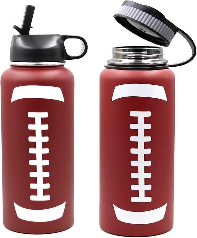 32 oz Football Water Bottle, Flask Sports with 2 Lids 18/8 Stainless Steel Travel Tumbler Double Wall Vacuum Insulated Hot/Cold (32oz, Football)