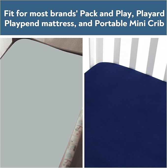 Waterproof Pack and Play Sheets Fitted 2 Pack, Compatible with Graco Pack n Play Sheets 38" X 26" Fits for Baby Playpen/Playard Mattress, Mini Crib Sheets for Boys or Girls, Grey & Navy