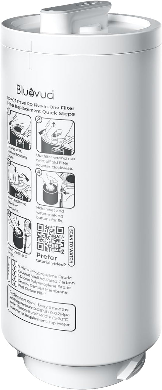 Bluevua 5-IN-1 RO Filter, Replacement for RO100ROPOT-Travel Countertop Reverse Osmosis System, 6 Months Lifetime