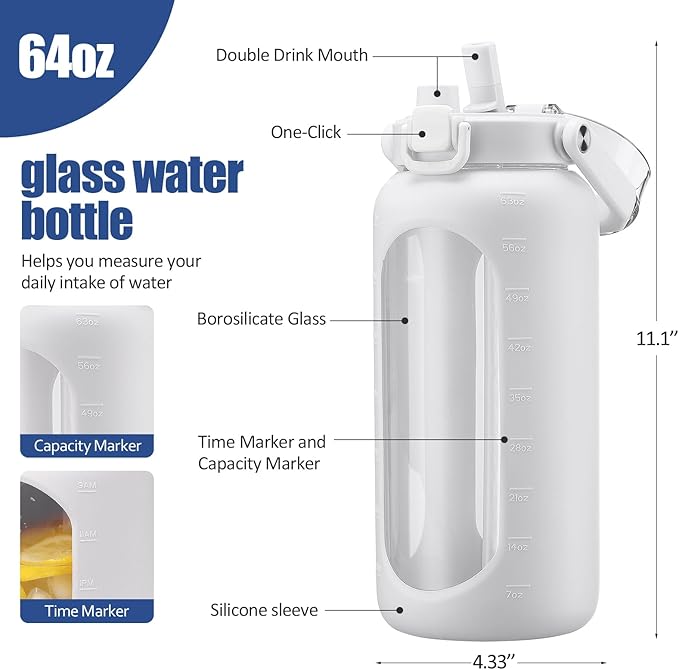 BLUEGO 64 oz Glass Water Bottle, Drinking Water Bottle with Handle and Straw, Half Gallon Motivational Water Bottle with Silicone Sleeve and Time Marker, Sports Water Bottle, BPA Free White