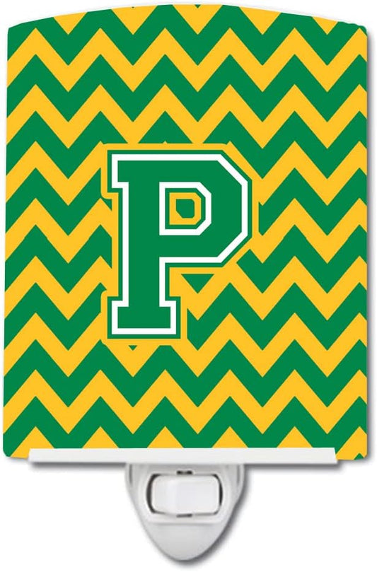 Caroline's Treasures CJ1059-PCNL Letter P Chevron Green and Gold Ceramic Night Light Compact, UL-Certified, Ideal for Bedroom, Bathroom, Nursery, Hallway, Kitchen, 6x4x3, Multicolor
