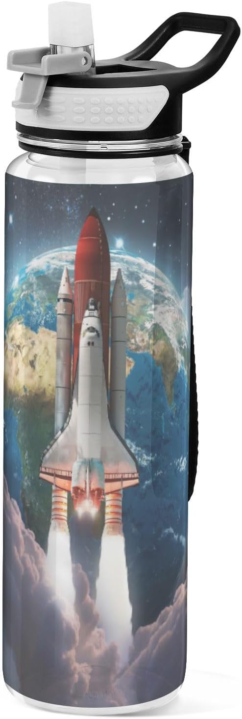 Airplane Galaxy Water Bottle with Straw Sky Sports Bottles BPA-Free Tritan Water Jug with Carrying Strap for Women Men Gym