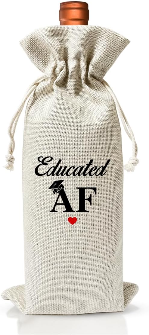 Educated AF Graduation Gift Wine Bag For Grad Her Him Man Women Son, College Grad Gift, College Farewell Graduation Party Supply, Drawstring Reusable Burlap Wine Bag