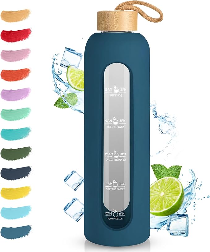 Sursip 32 oz Glass Water Bottle with Time Marker,1 Liter BPA-Free Reusable Motivational Water Bottle with Non-Slip Silicone Sleeve and Bamboo Lid, Ice Cube Tray, Leak-Proof, Dishwasher Safe