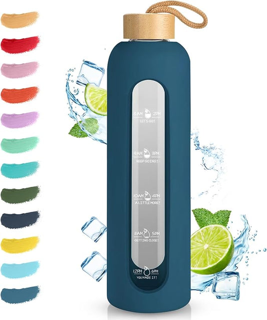 Sursip 32 oz Glass Water Bottle with Time Marker,1 Liter BPA-Free Reusable Motivational Water Bottle with Non-Slip Silicone Sleeve and Bamboo Lid, Ice Cube Tray, Leak-Proof, Dishwasher Safe