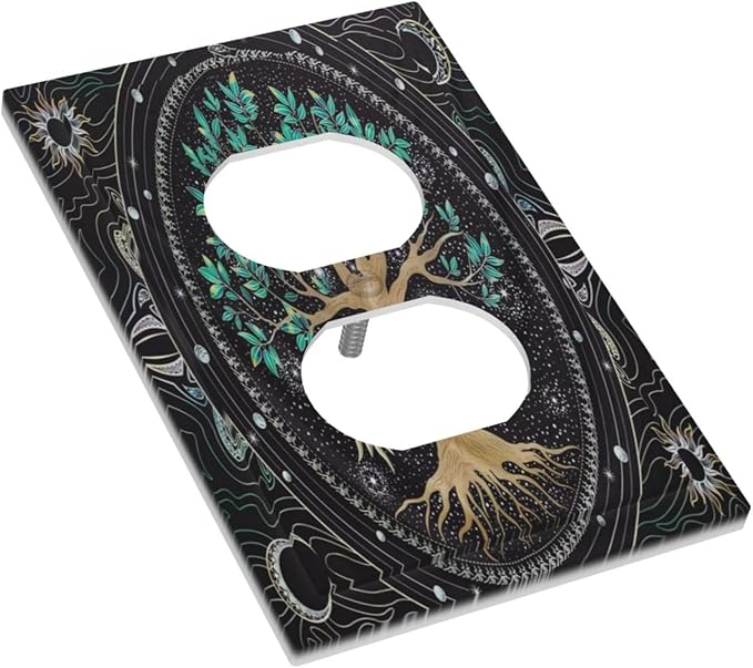 Tree of Life 1 Gang Outlet Plate Covers Decorative Single Duplex Wall Plate Hippie Sun Moon Star Electrical Receptacle Light Switch Cover Art Faceplate Switchplate for Bathroom Living Room Decor