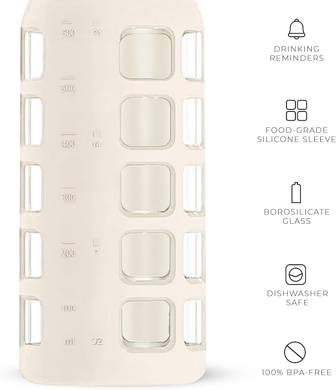 purifyou Premium 40/32 / 22/12 oz Glass Water Bottles with Volume & Times to Drink, Silicone Sleeve & Stainless Steel Lid Insert, Reusable Bottle for Fridge Water, Milk, Juice (22oz Pearled Ivory)