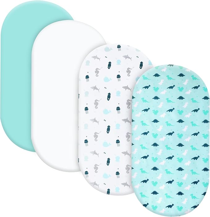 Bassinet Fitted Sheets 4 Pack Compatible with SNOO Smart Sleeper and UPPAbaby Bassinet, Ultra Soft and Skin-Friendly, Aqua Dinosaurs & White Ocean
